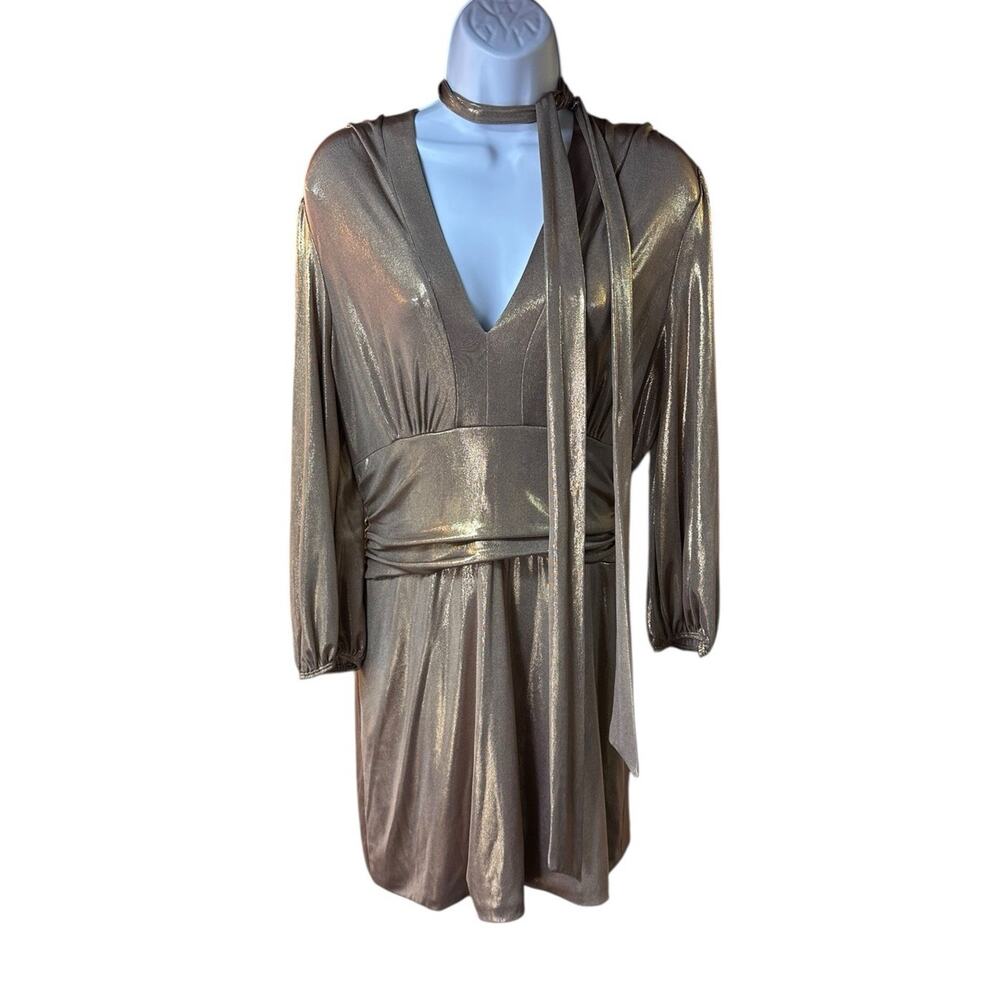 Georgiou Studio Metallic Gold Tunic Dress V Neck Scarf Belt 70s Disco Glam L